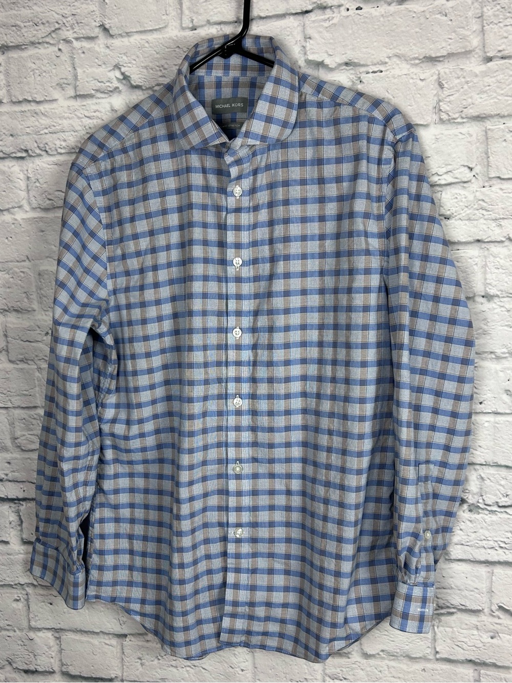 Michael Kors Slim Fit Stretch Plaid Button Down Shirt Blue Tan 16 32/33